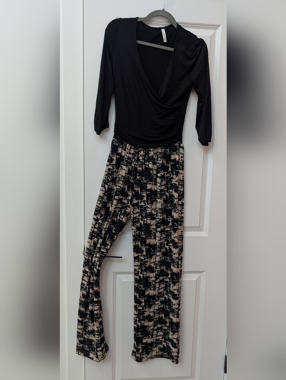 Gilli Black Top with Cream-and-Black Abstract Jumpsuit